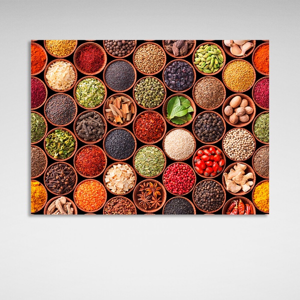 Картина на холсте для кухни Тарелки со специями, 30х40 см, Холст полиэстеровый