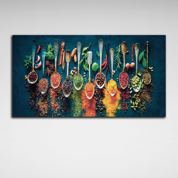 Картина на холсте для кухни Гармония Специй в ложках, 30х60 см, Холст полиэстеровый