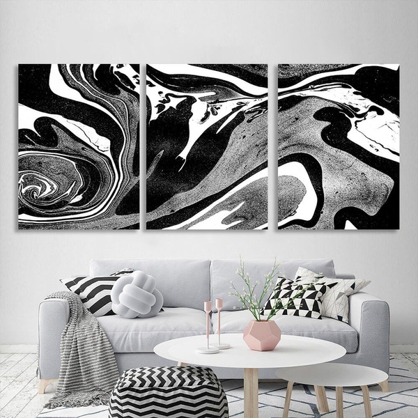 Картина на холсте модульная черно-серо-белая абстракция, 3 части по 30х40 см, Холст полиэстеровый