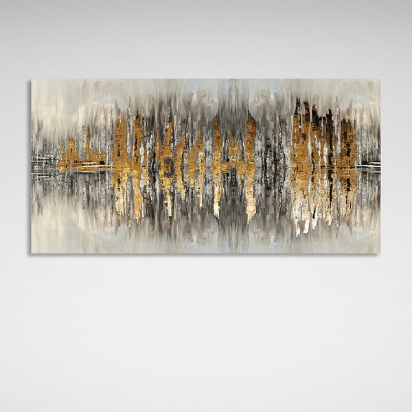 Картина на полотні абстракція сірі та золоті вертикальні лінії, 30х60 см, Холст поліестеровий