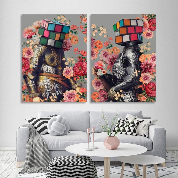 Картина на холсте на стену в гостиную интерьерная модульная диптих из 2 частей Рыцари в цветах граффити, 2 части по 30х40 см, Холст полиэстеровый