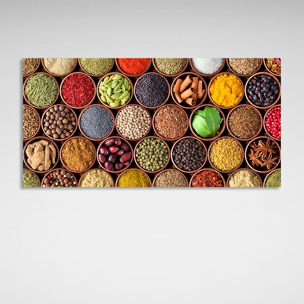 Картина на холсті для кухні Тарілки з прянощами, 30х60 см, Холст поліестеровий