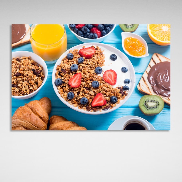 Картина на холсте для кухни Овсяная каша с ягодами и молоком, 30х45 см, Холст полиэстеровый