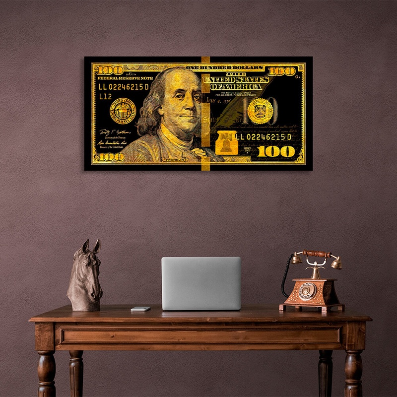 Картина на холсті 100 доларів чорний та золотий Gold Franklin, 30х60 см, Холст поліестеровий