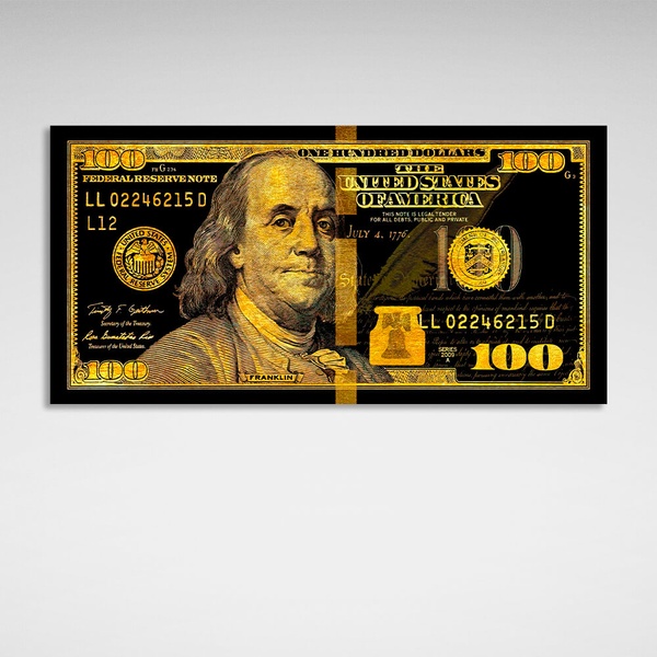 Картина на холсте 100 долларов черный и золотой Gold Franklin, 30х60 см, Холст полиэстеровый