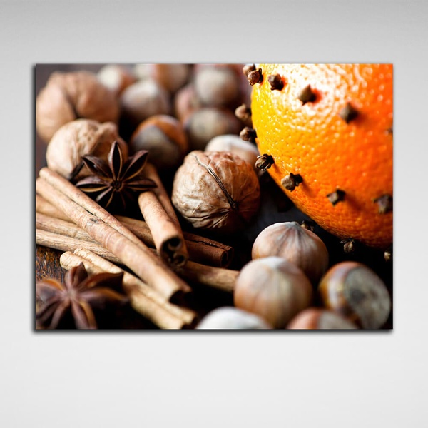 Картина на холсте для кухни Орехи, апельсин и корица, 30х40 см, Холст полиэстеровый