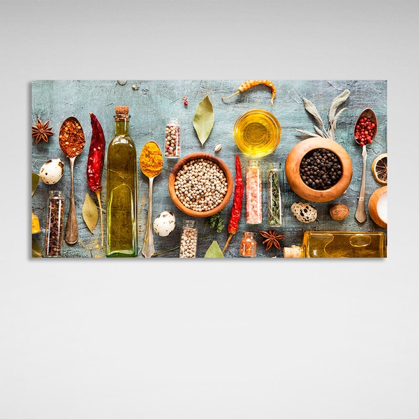 Картина на холсті для кухні Спеції та олія, 30х60 см, Холст поліестеровий
