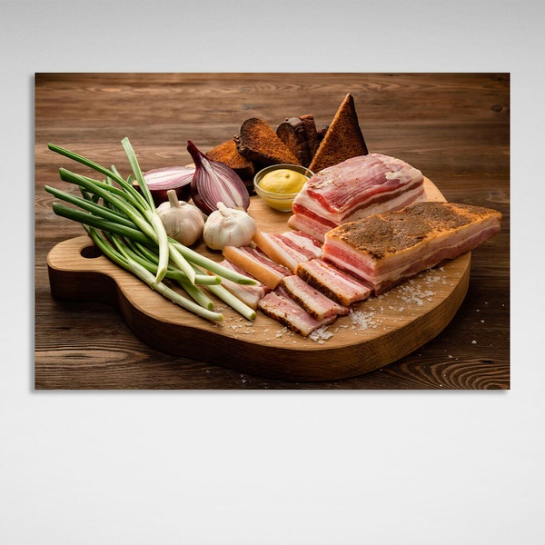 Картина на холсте для кухни Сало, лук и чеснок, 30х45 см, Холст полиэстеровый