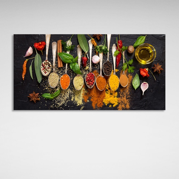 Картина на холсте для кухни Пряности в ложках, 30х60 см, Холст полиэстеровый