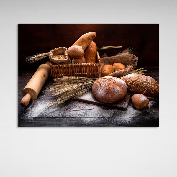 Картина на холсте для кухни Хлеб и багет, 30х40 см, Холст полиэстеровый