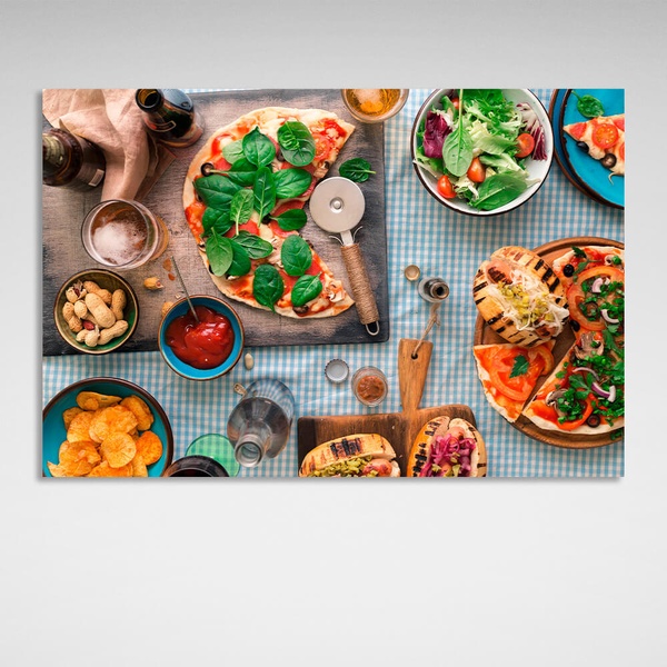 Картина на холсте для кухни Пицца и салат, 30х45 см, Холст полиэстеровый