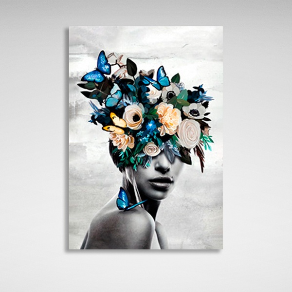 Картина на холсте девушка с цветами и бабочками на голове на сером фоне, 30х40 см, Холст полиэстеровый