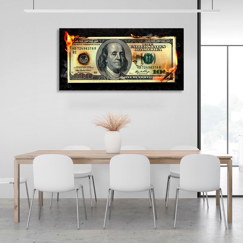 Картина на холсте на стену в офис для мотивации Горящие деньги 100 долларов, 30х60 см, Холст полиэстеровый