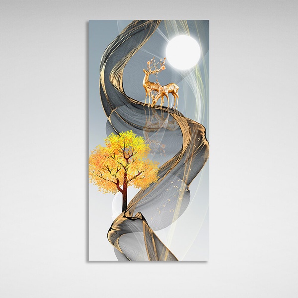 Картина на полотні абстракція жовте дерево, два олені та місяць, 30х60 см, Холст поліестеровий