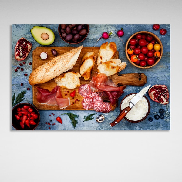 Картина на полотні для кухні Багет, ковбаса, помідори, авокадо, 30х45 см, Холст поліестеровий