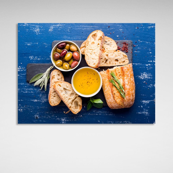 Картина на холсті для кухнні Хліб та оливки, 30х40 см, Холст поліестеровий