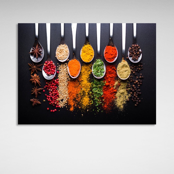 Картина на холсте для кухни Специи в ложках, 30х40 см, Холст полиэстеровый