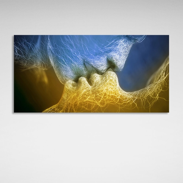 Картина на холсте для спальни Поцелуй желто-голубой, 30х60 см, Холст полиэстеровый
