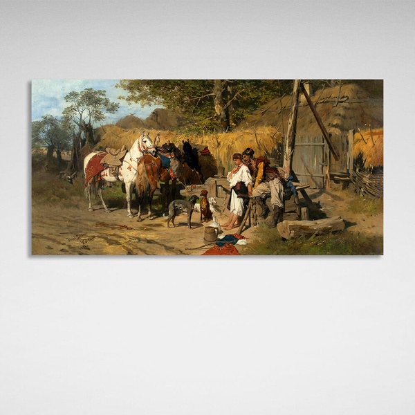 Картина на холсте на стен репродукция Юзеф Брант Козак и Девушка, 30х60 см, Холст полиэстеровый