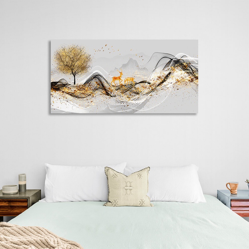Картина на полотні абстракція два олені біля дерева на фоні гори, 30х60 см, Холст поліестеровий
