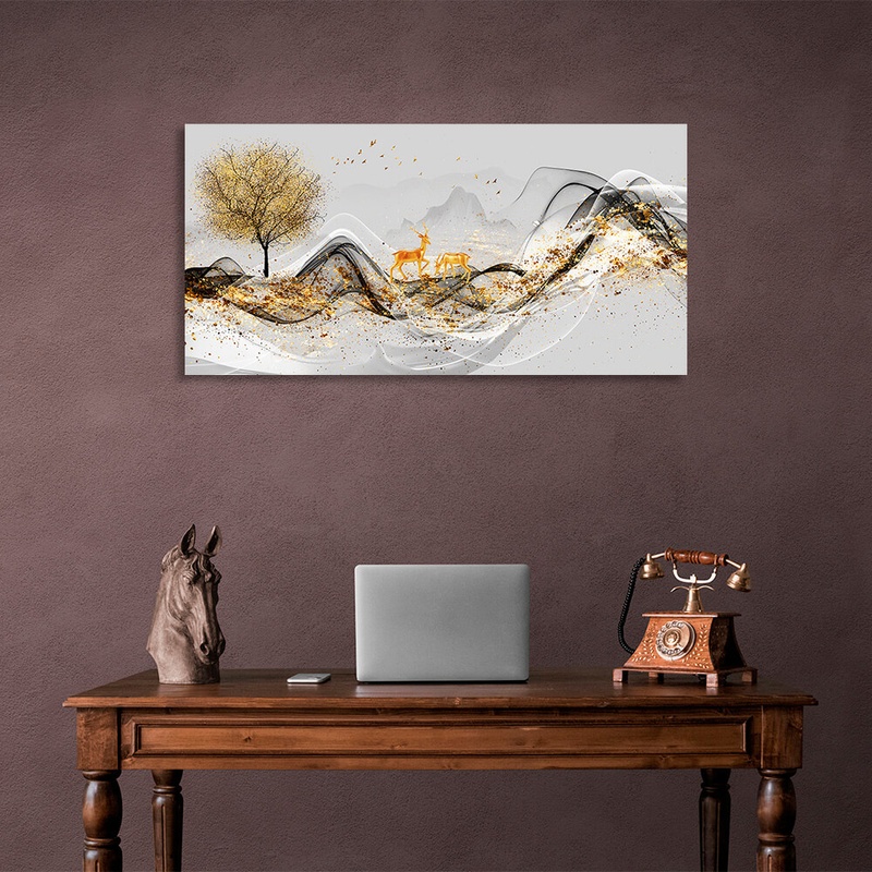 Картина на холсте абстракция два оленя возле дерева на фоне горы, 30х60 см, Холст полиэстеровый