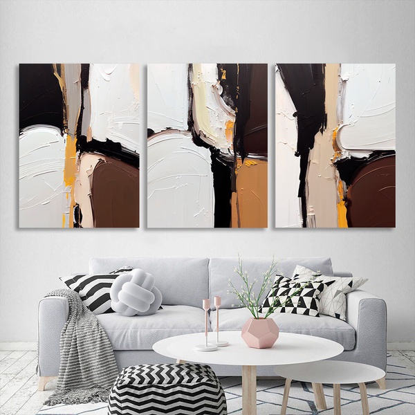 Картина на полотні модульна абстракція в білому чорному та коричневому кольорі, 3 частини по 30х40 см, Холст поліестеровий