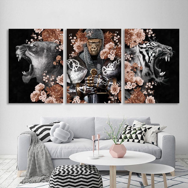 Картина на холсте на стену модульная интерьерная триптих из 3 частей Рыцарь Обезьяна Львица и Тигрица в цветах, 3 части по 30х40 см, Холст полиэстеровый