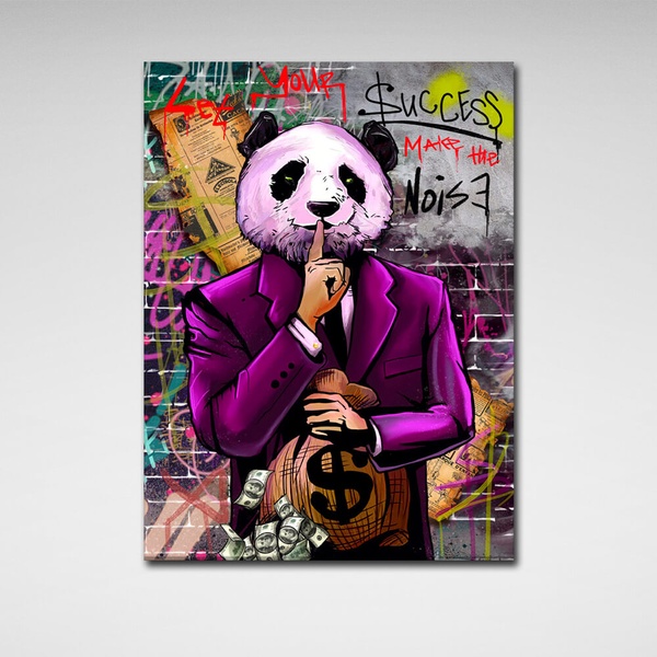 Картина на холсте для мотивации Деньги Панда Make the noise, 30х40 см, Холст полиэстеровый