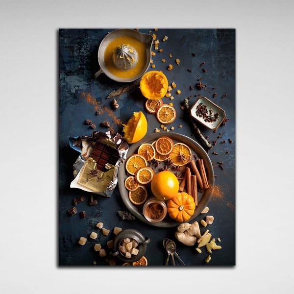 Картина на холсте для кухни Апельсины, шоколад, корица, 30х40 см, Холст полиэстеровый
