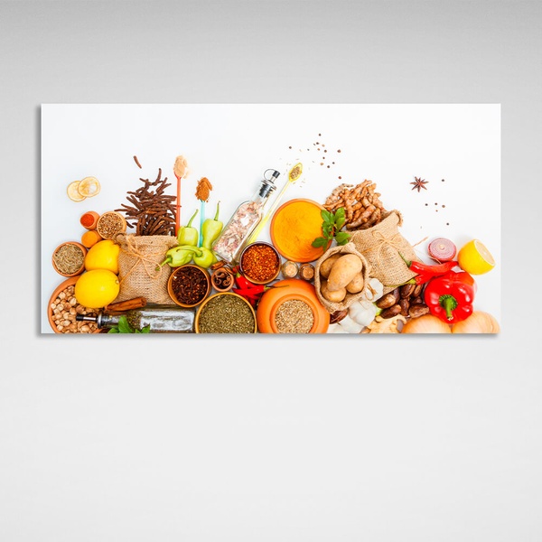 Картина на холсте для кухни Специи, пряности и картофель, 30х60 см, Холст полиэстеровый