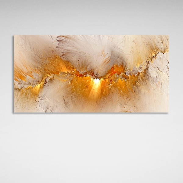 Картина на полотні біла абстракція з яскраво жовтим світінням, 30х60 см, Холст поліестеровий