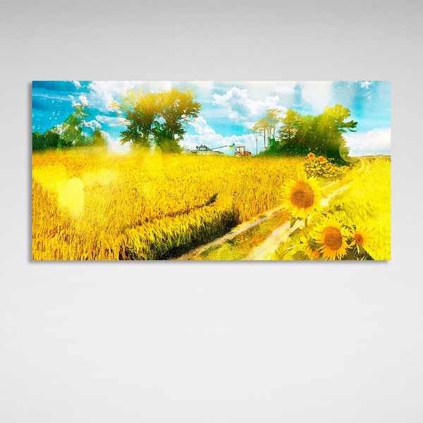 Картина на холсте патриотичная Украинский трактор в поле, 30х60 см, Холст полиэстеровый