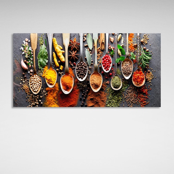 Картина на холсте для кухни Ложки со специями и пряностями, 30х60 см, Холст полиэстеровый
