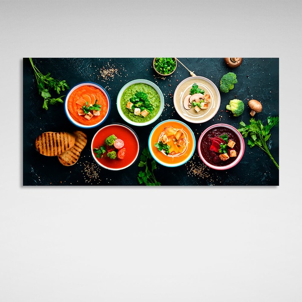 Картина на холсте для кухни Крем супы, 30х60 см, Холст полиэстеровый