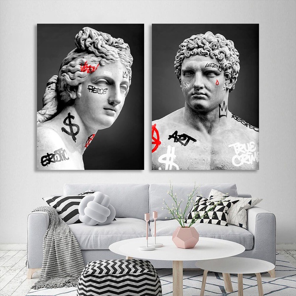 Картина на холсте модульная две греческие статуи на сером фоне, 2 части по 30х40 см, Холст полиэстеровый