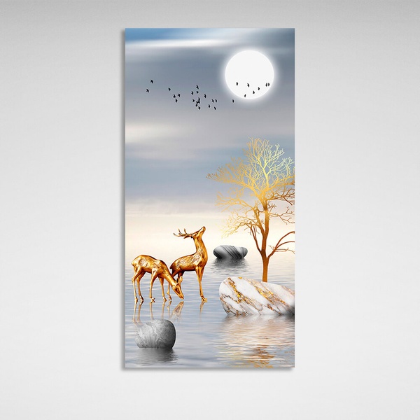 Картина на полотні три камені два олені птахи і місяць, 30х60 см, Холст поліестеровий