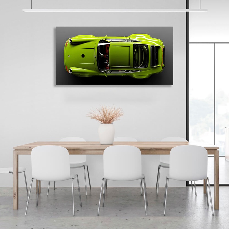 Картина на полотні на стіну інтер'єрна автомобіль Porsche 911 салатовий зелений Порше на сірому тлі, 30х60 см, Холст поліестеровий