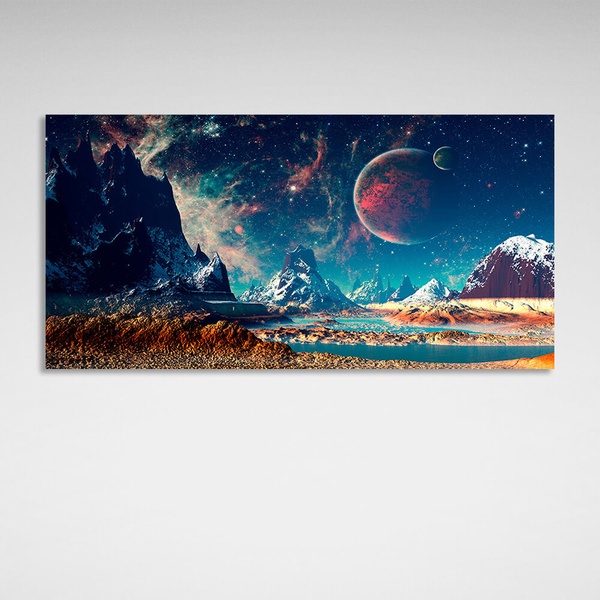 Картина на полотні космос з планетами в блакитному кольорі, 30х60 см, Холст поліестеровий