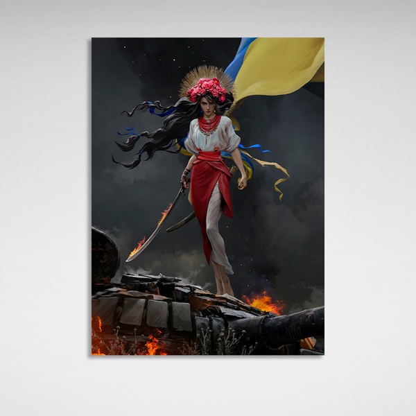 Картина на холсте патриотичная Девушка Украинка с флагом, 30х40 см, Холст полиэстеровый