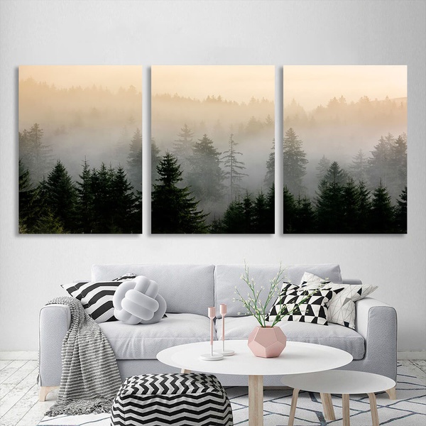 Картина на полотні модульна туман у лісі, 3 частини по 30х40 см, Холст поліестеровий