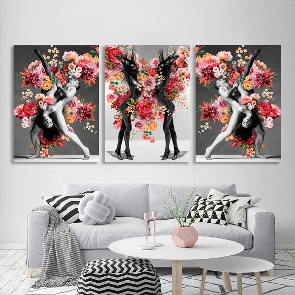 Картина на холсте на стену модульная интерьерная триптих из 3 частей Женщины и танцоры в цветах, 3 части по 30х40 см, Холст полиэстеровый