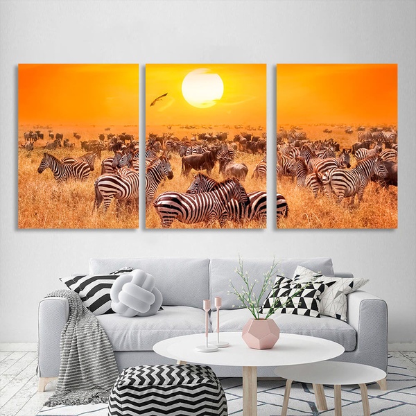 Картина на холсте модульная зебры в поле, 3 части по 30х40 см, Холст полиэстеровый