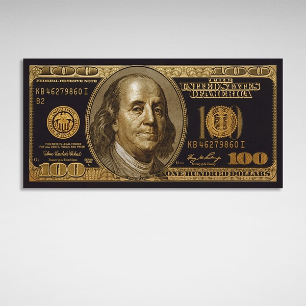 Картина на холсті 100 доларів золотий і чорний, 30х60 см, Холст поліестеровий