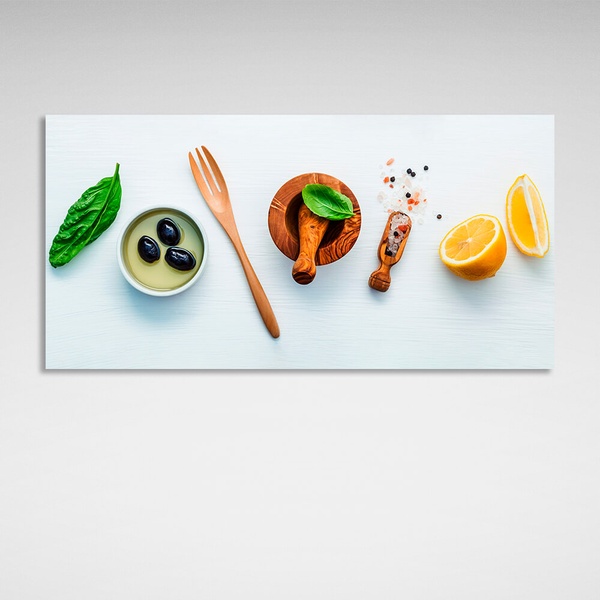 Картина на холсте для кухни Специи, лимон и оливки, 30х60 см, Холст полиэстеровый
