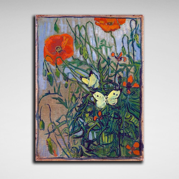 Картина на холсте репродукция Бабочки и маки Винсент Ван Гог, 30х40 см, Холст полиэстеровый