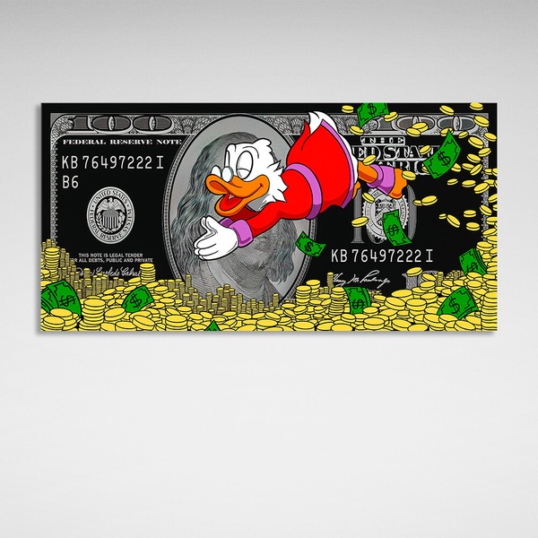 Картина на холсте Скрудж ныряет в деньги доллар, 30х60 см, Холст полиэстеровый