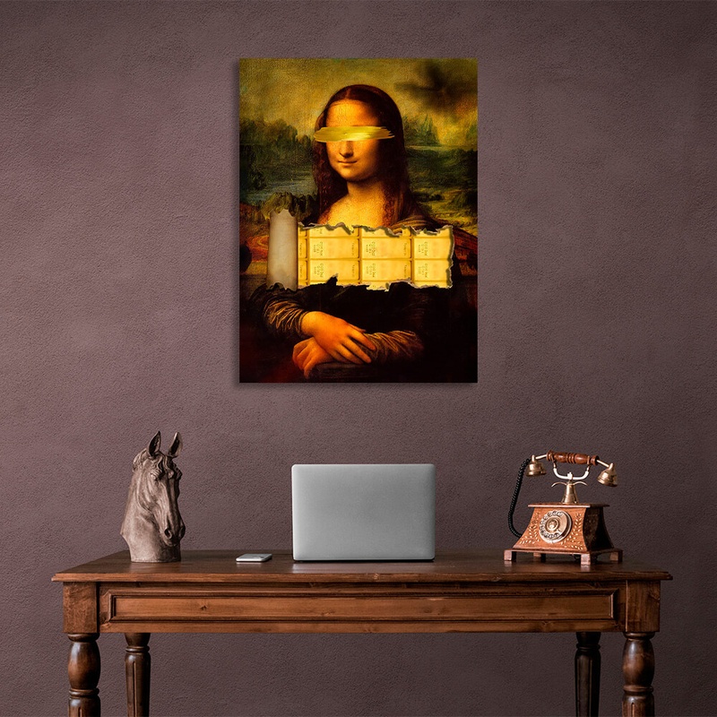 Картина на холсте на стену в офис для мотивации Мона Лиза со слитками золота, 30х40 см, Холст полиэстеровый