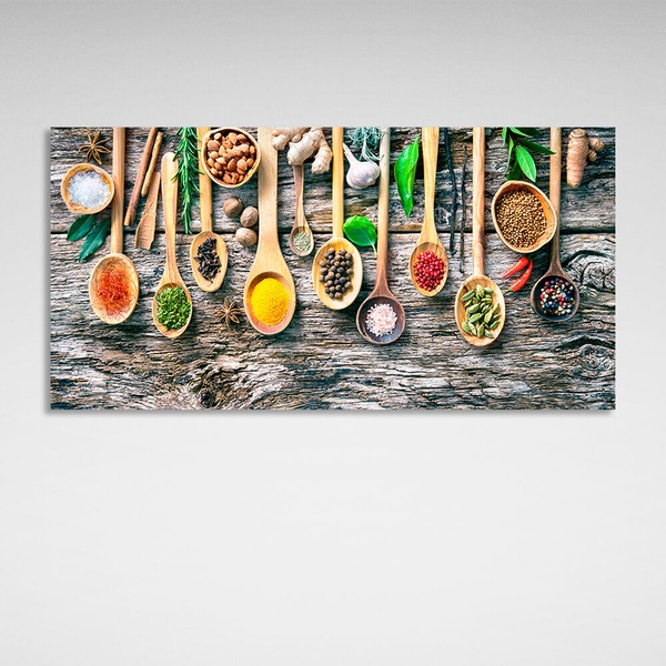 Картина на полотні 10 ложок зі спеціями на дерев'яному столі з імбиром часником, горіхами та перцем, 30х60 см, Холст поліестеровий