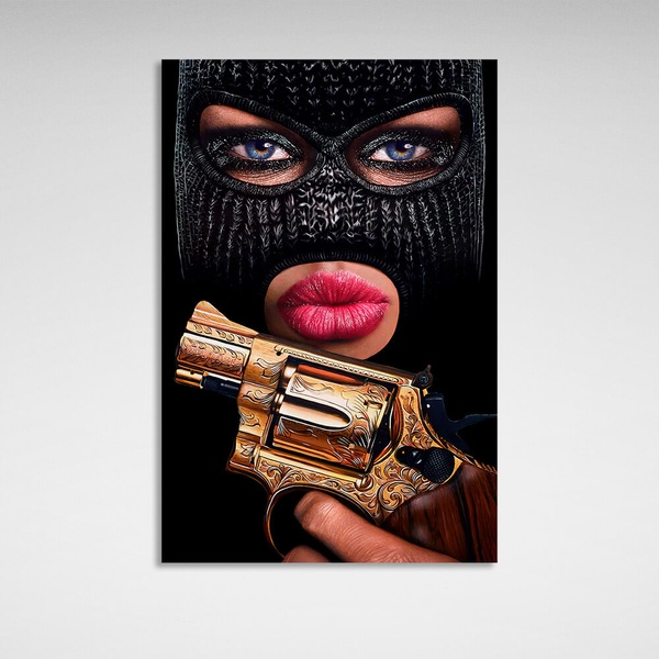 Картина на полотні Дівчина в масці балаклаві з револьвером, 30х45 см, Холст поліестеровий