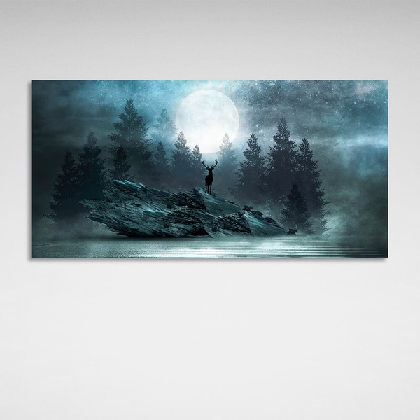 Картина на полотні олень на скелі на тлі лісу під місяцем, 30х60 см, Холст поліестеровий